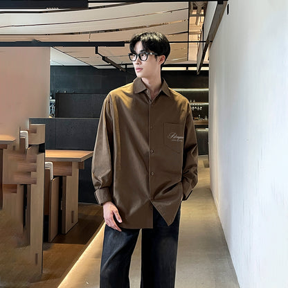 Pal ongaco pal ongaco Amerika retro qo'lyozma harflar logotipi bosma tasodifiy bo'sh uzun yengli ko'ylaklar lapel ko'ylagi bahor va kuz modellari chiroyli ko'p qirrali oddiy paxta ishchi ko'ylagi bir xil modeldagi erkaklar va ayollar