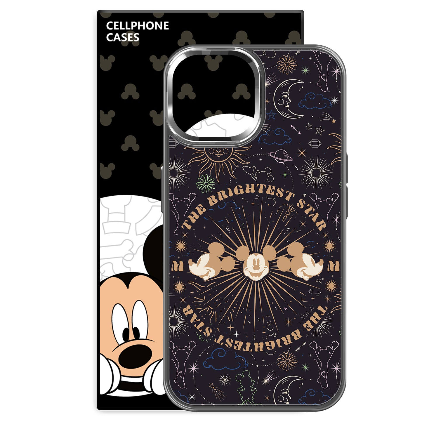 Disney ABS+PC materiali ijodiy to'lqini Mikki bosmaxona uchun yuqori sifatli metall bo'yoq oynasi qo'riqchisi olma/olma 16promax/plus/iphone15/14/13pro multfilm animatsiyasi uchun muzli shisha telefon qutisi