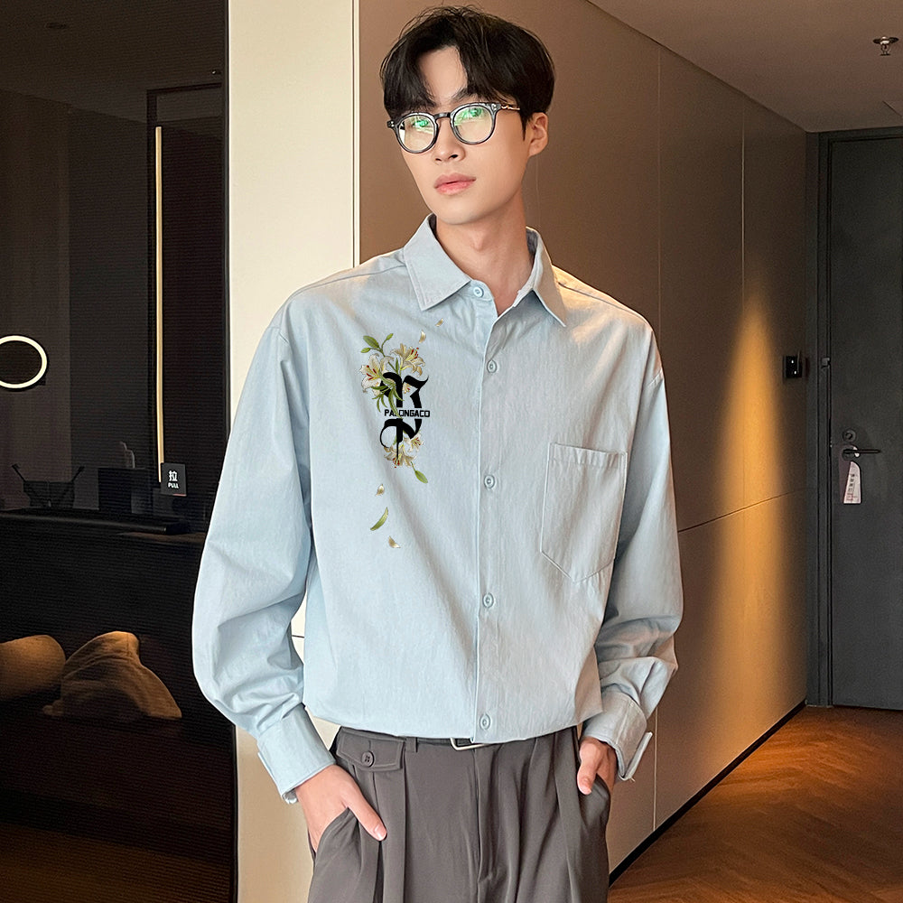 Pal ongaco pal ongaco Amerika retro jinssiz asosiy modellar harflar logotipi soxta kashtado'zlik o'simliklari gulli dizayn printlar oddiy lapel bo'shashmasdan qulay yelkalar paxta uzun yengli erkaklar va ayollar uchun ko'ylaklar