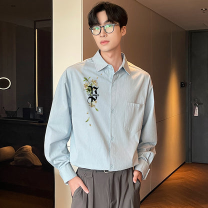 Pal ongaco pal ongaco Amerika retro jinssiz asosiy modellar harflar logotipi soxta kashtado'zlik o'simliklari gulli dizayn printlar oddiy lapel bo'shashmasdan qulay yelkalar paxta uzun yengli erkaklar va ayollar uchun ko'ylaklar