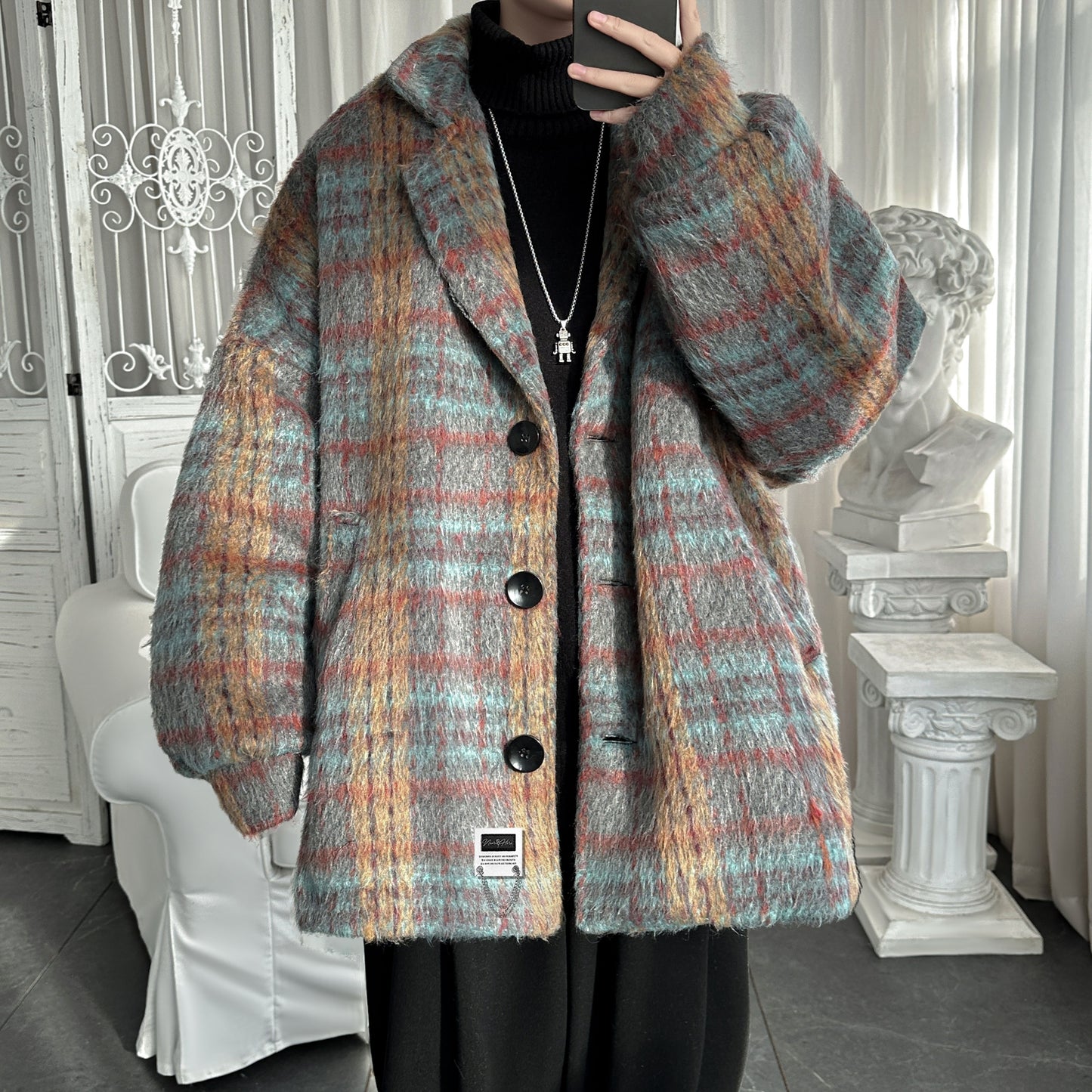 Lazy wind clash plaid issiq qalinlashgan tvid top yaqin bu yerda Amerika retro yuqori trend ko'cha bo'sh qulay kostyum yoqasi off yelka uzun yengi ko'ylagi Koreys tasodifiy commute klassik Britaniya asosiy m