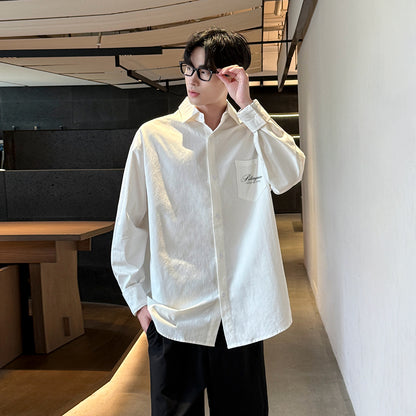 Pal ongaco pal ongaco Amerika retro qo'lyozma harflar logotipi bosma tasodifiy bo'sh uzun yengli ko'ylaklar lapel ko'ylagi bahor va kuz modellari chiroyli ko'p qirrali oddiy paxta ishchi ko'ylagi bir xil modeldagi erkaklar va ayollar