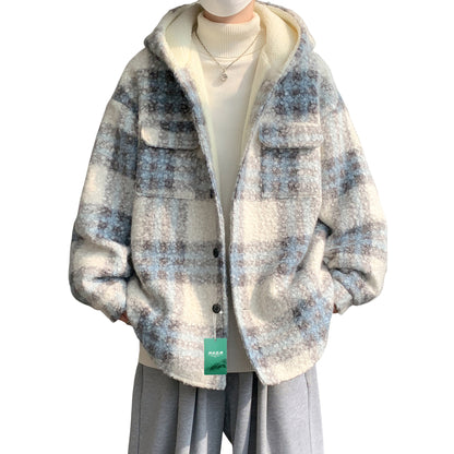 Hvga ochilgan yelka Amerika retro yostiqli qalinlashgan shilimshiq flanel chiziqli kurtka kardigan kundalik qulay koreys kiyimi kaputli kichik shannon palto kuz va qish trendi bo'sh premium tuyg'u qalin tozalik shamol baxmal hislar