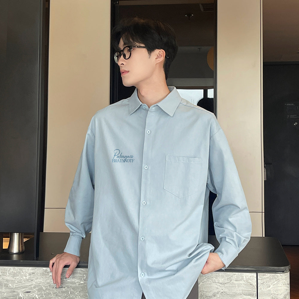 Pal ongaco pal ongaco Amerika retro yuqori ko'cha oddiy harflar logotipi bosma bir rangli trend bo'sh universal dangasa tuyg'u qulay paxta uzun yengli ko'ylak erkaklar va ayollar modellari bilan