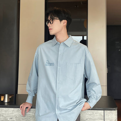 Pal ongaco pal ongaco Amerika retro yuqori ko'cha oddiy harflar logotipi bosma bir rangli trend bo'sh universal dangasa tuyg'u qulay paxta uzun yengli ko'ylak erkaklar va ayollar modellari bilan