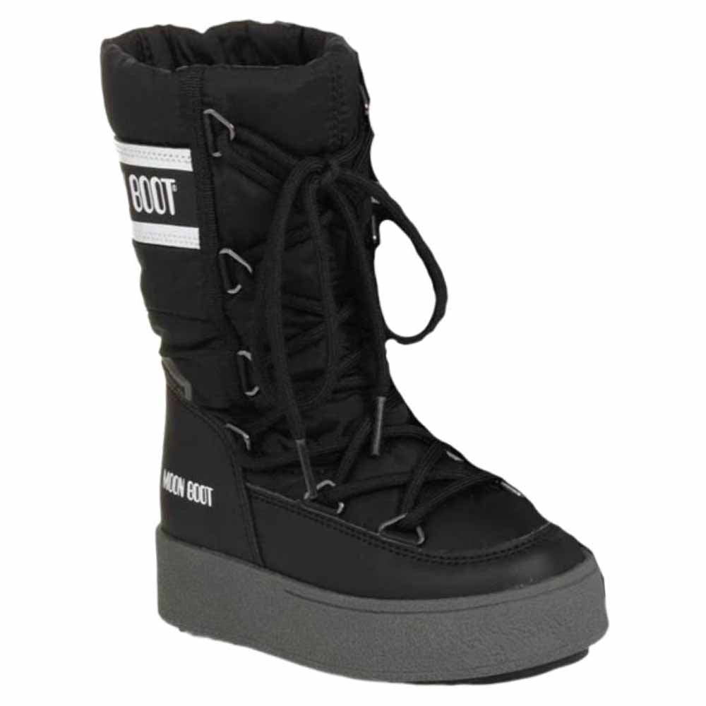 Moon boot leather fabric round toe lace up high top kid's boots black kid's