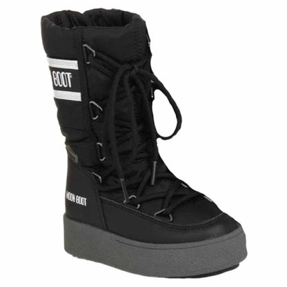 Moon boot leather fabric round toe lace up high top kid's boots black kid's