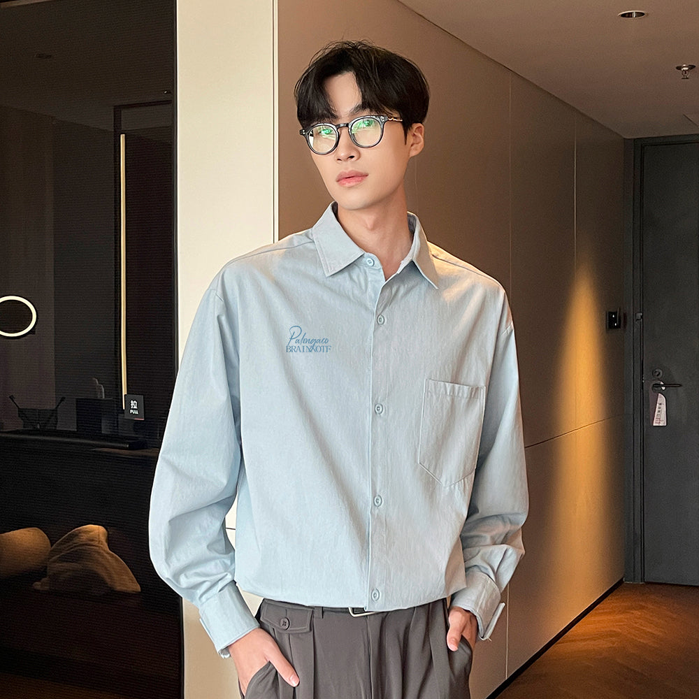 Pal ongaco pal ongaco Amerika retro yuqori ko'cha oddiy harflar logotipi bosma bir rangli trend bo'sh universal dangasa tuyg'u qulay paxta uzun yengli ko'ylak erkaklar va ayollar modellari bilan