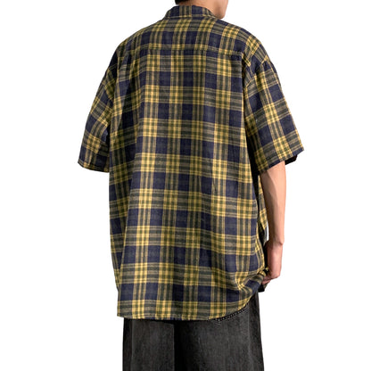 Hvga Amerika retro asosiy modellari plashli birlashma to'qnashuv rangli yarim yengli ko'ylak ko'ylagi ter singdirish nafas oladigan yupqa bo'sh katta o'lchamli talabalar partiyasi qisqa qisma ko'ylak erkaklar va ayollar modellari