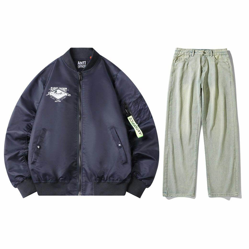 Антиофис гонконг стиль куртка с свободными широкими ногами джинсы повседневная работа поездка костюм городской новый молодежный простой и удобный с хорошим набором одежды осень и зима мужские модели - Boxette Shop