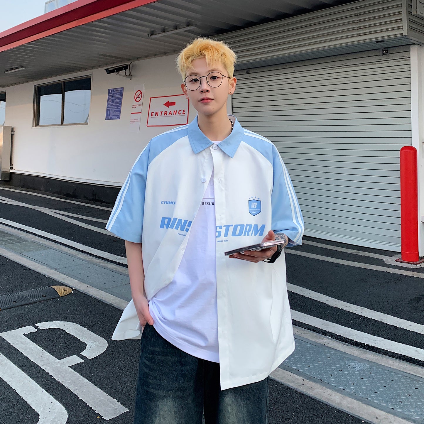 Paddy Julia Amerika ko'cha yo'l-yo'l harflari lapel kiritilgan yelka bo'sh tasodifiy sayohat qisqa yengli ko'ylak erkaklar va ayollar bir xil