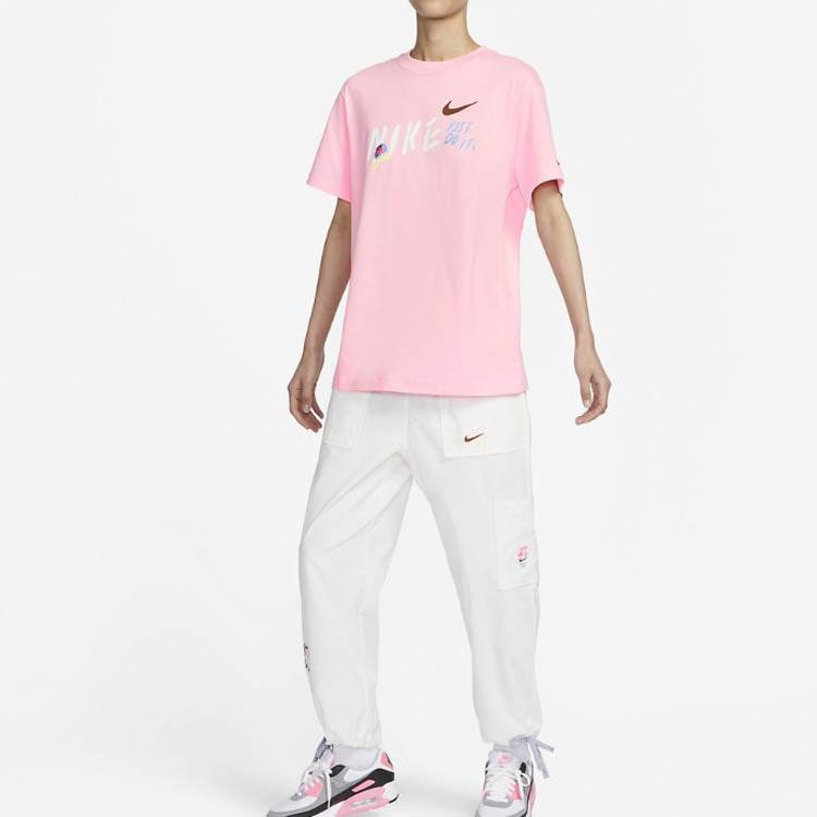 Nike sportswear алфавит печатных американский винтаж свободные круглый вырез короткий рукав допамин падения плечо рукав футболка женская средний мягкий розовый - Boxette Shop