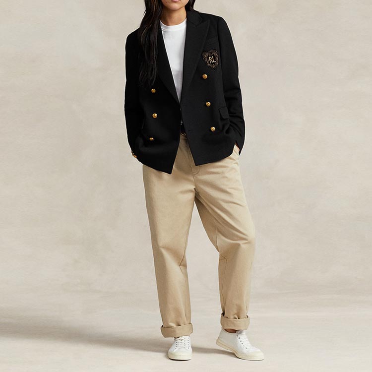 Polo Ralph Lauren SS24 Logo Aplike Qo'sh ko'krakli Slim Fit Uzun yengli Blazer Ayollar Qora