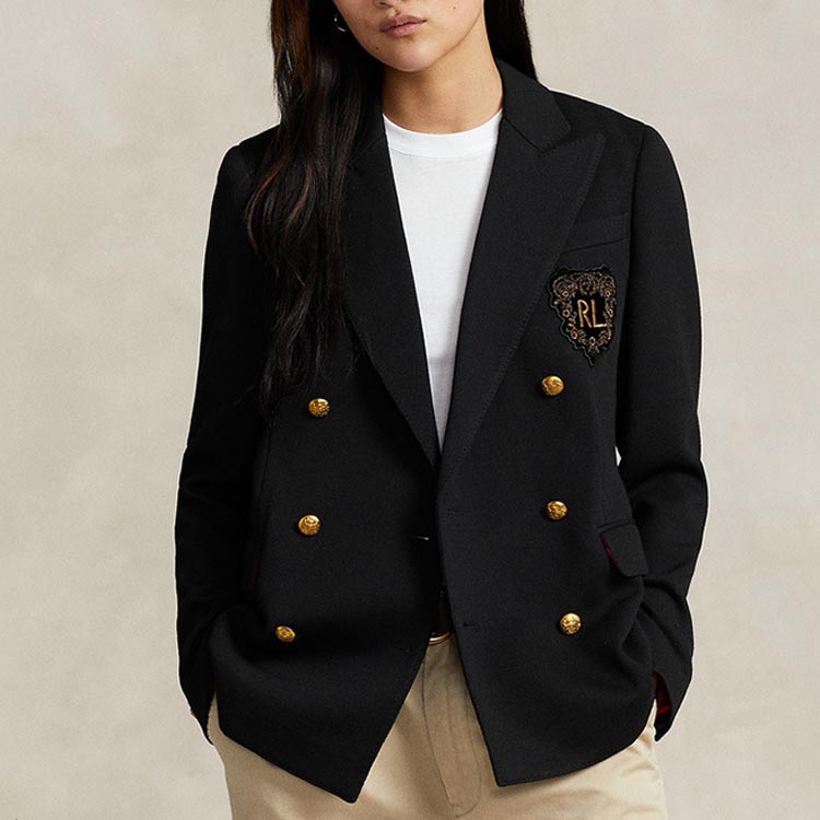 Polo Ralph Lauren SS24 Logo Aplike Qo'sh ko'krakli Slim Fit Uzun yengli Blazer Ayollar Qora