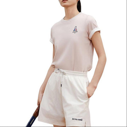 Le coq sportif brendi logotipi shablonlari ochiq havoda kundalik sport ekipaji bo'yinbog'li kalta yengli futbolka ayollar