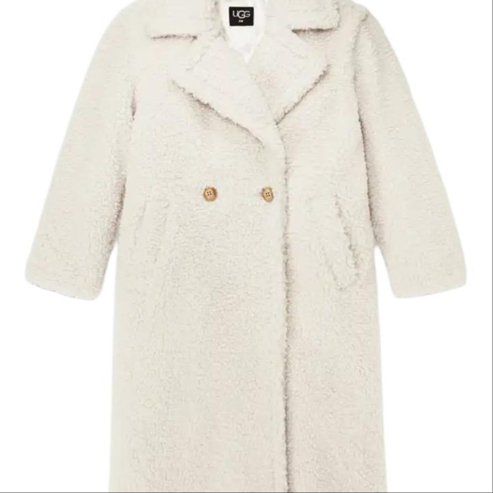 Ugg gertrude long teddy coat solid colour lapel double breasted fitted long sleeve midi coat women's white