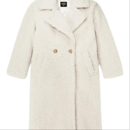 Ugg gertrude long teddy coat solid colour lapel double breasted fitted long sleeve midi coat women's white