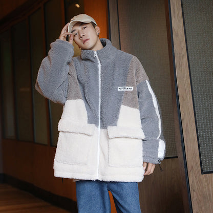 Golfkross ish kiyimi cho'ntaklari bir-biriga bog'langan to'qnashuv rangli qo'zichoq juni harflari yorlig'i qalinlashgan yoqa bo'sh paxta ko'ylagi bir xil narsali erkaklar va ayollar