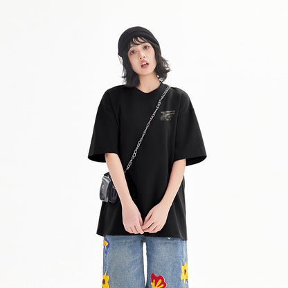 Pal ongaco amerikalik gangster chiroyli shark harflari bosma sayohat universal niche genderless tide bo'sh ekipaj bo'yinli qisqa yengli futbolka erkaklar va ayollar bir xil