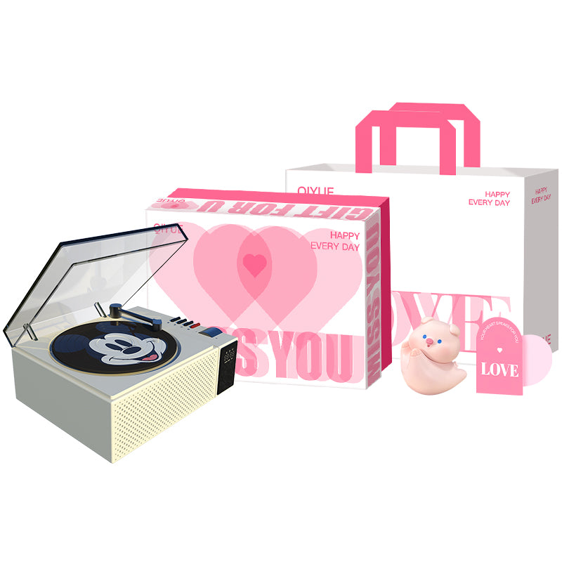 Disney retro vinil bluetooth dinamiki Hifi ovoz sifati led atrof-muhit yorug'ligi aylanadigan rekord ofis uyi aqlli AI soati ijodiy multfilm uslubidagi sovg'a to'plami