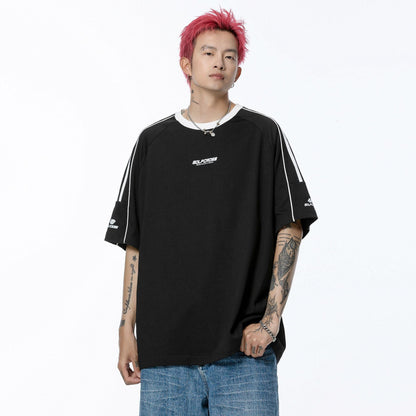 Kollej uslubidagi golfkross rangli to'qnashuv lentasi chiziqli yelkali yengli dumaloq bo'yinli qisqa yengli futbolka bir xil paragrafli erkaklar va ayollar