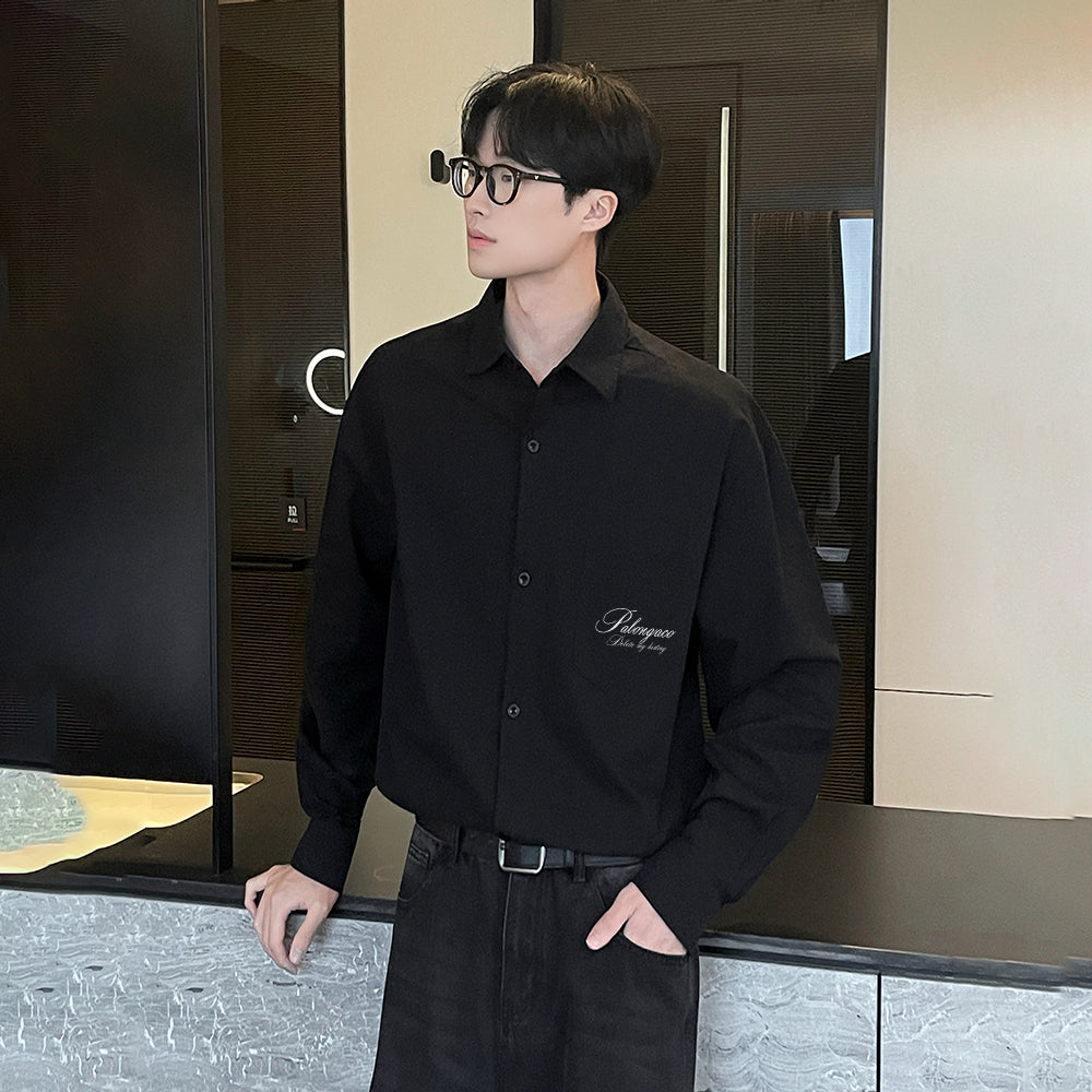 Pal ongaco pal ongaco Amerika retro qo'lyozma harflar logotipi bosma tasodifiy bo'sh uzun yengli ko'ylaklar lapel ko'ylagi bahor va kuz modellari chiroyli ko'p qirrali oddiy paxta ishchi ko'ylagi bir xil modeldagi erkaklar va ayollar