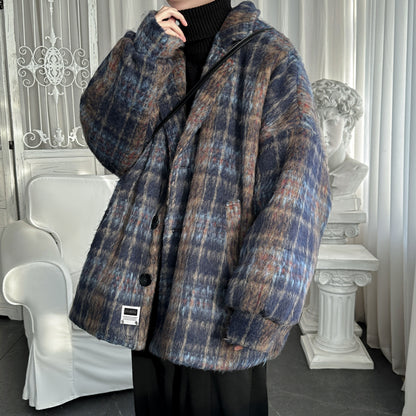 Lazy wind clash plaid issiq qalinlashgan tvid top yaqin bu yerda Amerika retro yuqori trend ko'cha bo'sh qulay kostyum yoqasi off yelka uzun yengi ko'ylagi Koreys tasodifiy commute klassik Britaniya asosiy m