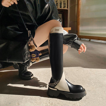 Balletcat воловья кожа цвет блокировки мода casual дизайн толстая подошва высокие сапоги 5 см женские