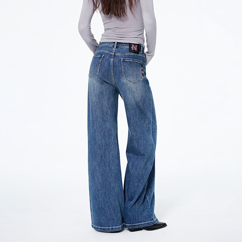 Navigare italyancha kichkina yelkanli qayiq modasi retro yupqa cho'ntak kashtasi paxta tuyg'usi yuvilgan keng oyoqli jinsi ayollar jinsi ko'k