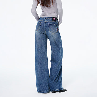 Navigare italyancha kichkina yelkanli qayiq modasi retro yupqa cho'ntak kashtasi paxta tuyg'usi yuvilgan keng oyoqli jinsi ayollar jinsi ko'k