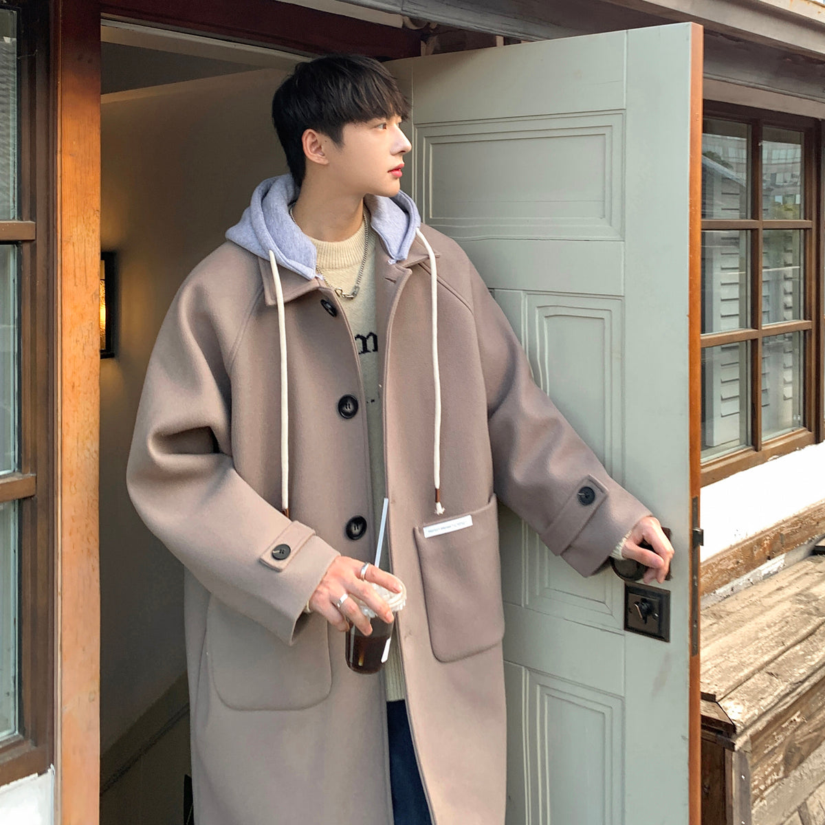 David beacon oddiy retro bo'sh tasodifiy kollej uslubi issiq qalinlashgan o'rta uzunlikdagi trench ko'ylagi ko'cha klassik asosiy ko'p qirrali bir ko'krak qalpoqli soxta ikki qismli tvid palto erkaklar va ayollar bir xil modellar