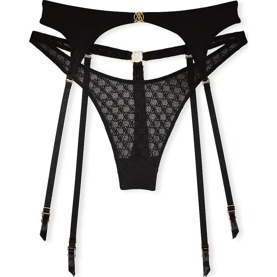 Victoria's secret very sexy icon by / black solid colour comfort garter belt thong panty underwear set women's black - Boxette Shop