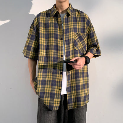 Hvga Amerika retro asosiy modellari plashli birlashma to'qnashuv rangli yarim yengli ko'ylak ko'ylagi ter singdirish nafas oladigan yupqa bo'sh katta o'lchamli talabalar partiyasi qisqa qisma ko'ylak erkaklar va ayollar modellari