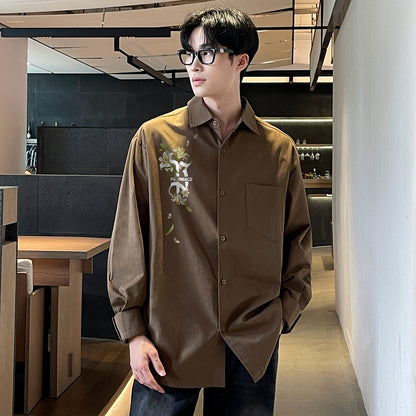 Pal ongaco pal ongaco Amerika retro jinssiz asosiy modellar harflar logotipi soxta kashtado'zlik o'simliklari gulli dizayn printlar oddiy lapel bo'shashmasdan qulay yelkalar paxta uzun yengli erkaklar va ayollar uchun ko'ylaklar