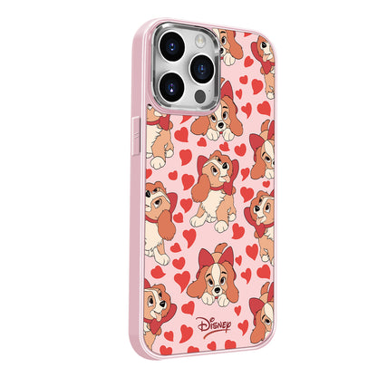 Disney ABS+Kompyuter materiali Yoqimli Tide Lady Dog Lady va Tramp Metallik bo'yoq oyna himoyachisi Apple/Apple 16Pro Max/Plus/iPhone15/14/13Pro multfilm animatsiyasi uchun muzli shisha telefon g'ilofi