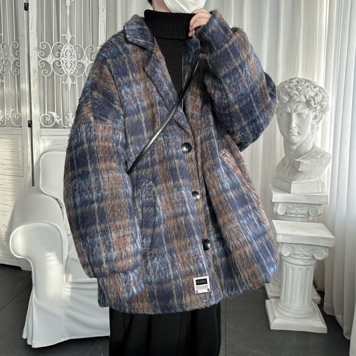 Lazy wind clash plaid issiq qalinlashgan tvid top yaqin bu yerda Amerika retro yuqori trend ko'cha bo'sh qulay kostyum yoqasi off yelka uzun yengi ko'ylagi Koreys tasodifiy commute klassik Britaniya asosiy m