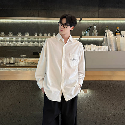 Pal ongaco pal ongaco Amerika retro qo'lyozma harflar logotipi bosma tasodifiy bo'sh uzun yengli ko'ylaklar lapel ko'ylagi bahor va kuz modellari chiroyli ko'p qirrali oddiy paxta ishchi ko'ylagi bir xil modeldagi erkaklar va ayollar