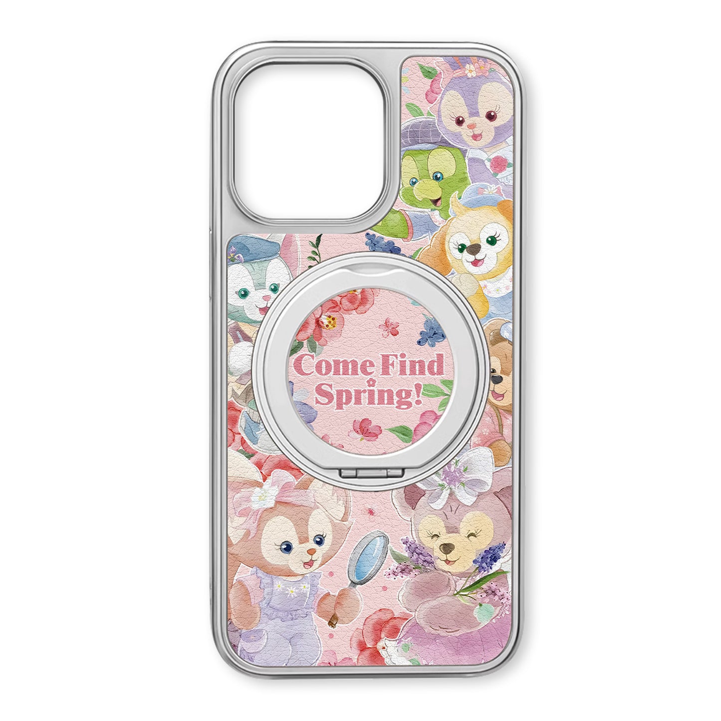 Disney ABS+Kompyuter materiali Yoqimli Daffy oilasi karbonli tolali naqshli 360° aylanadigan kronshteyn teri naqshli sumkasi Apple/Apple 16promax/15/14pro/max/iphone13/12/11 uchun qimmatli telefon sumkasi