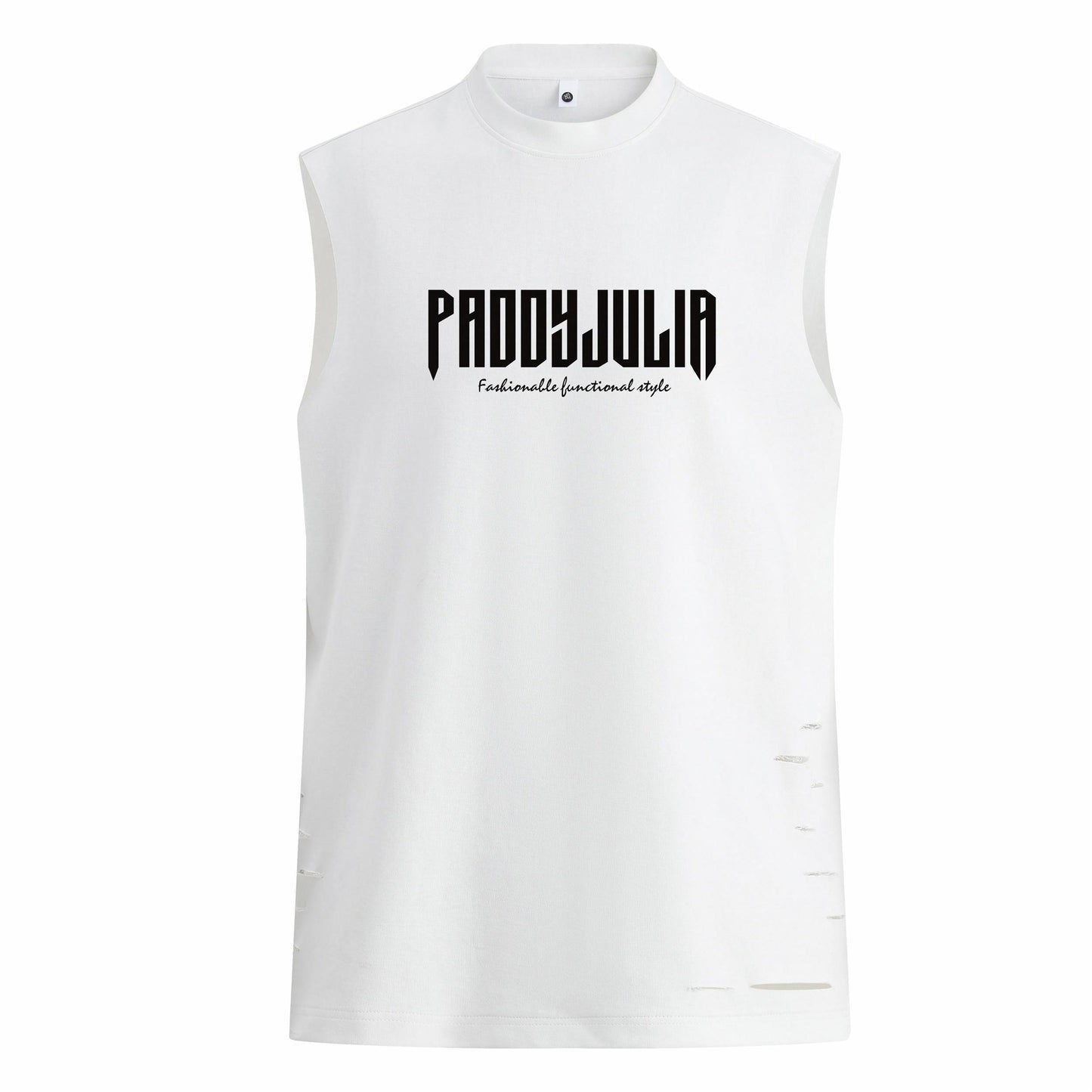 Paddy Julia harfli bosma naqshli yengsiz yelek orqali tartibsiz teshiklarni yuvib, modellari bilan erkaklar va ayollar