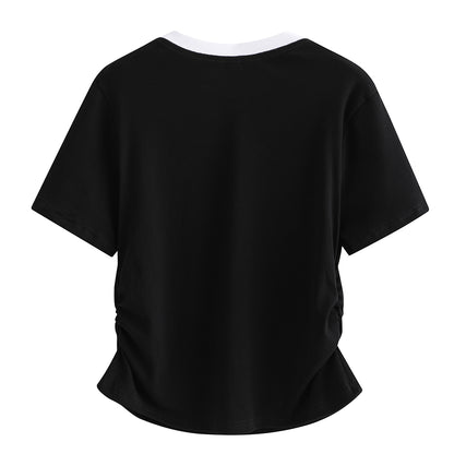 Pal ongaco pal ongaco Amerika ins trend to'qnashuvi qovurg'ali yoqa cho'zilgan bel nozik nozik shirin chili qisqa ekipaj bo'yinli qisqa yengli futbolka ayollar