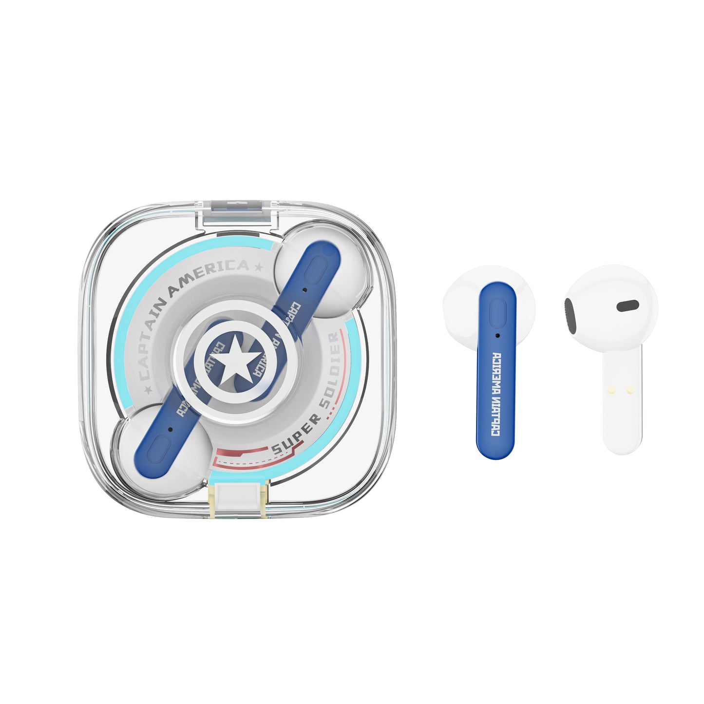Disney QS28 Kapitan Amerika Iron Man 100-yillik modeli Haqiqiy avtorizatsiyalangan shaffof oʻyin sport shovqinlarini bekor qiluvchi Apple Android universal quloqqa simsiz Bluetooth eshitish vositasi
