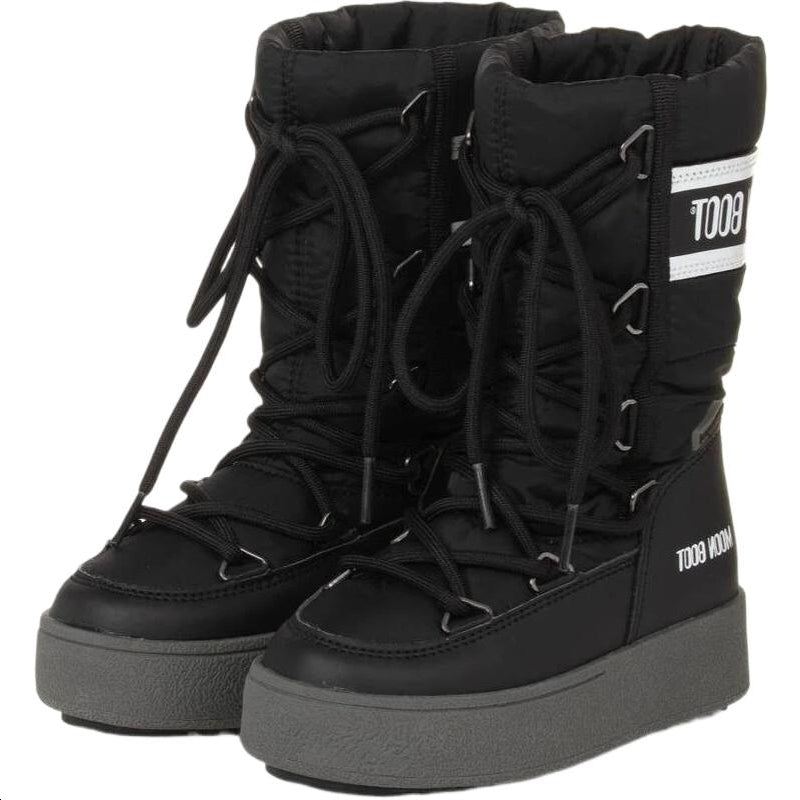 Moon boot leather fabric round toe lace up high top kid's boots black kid's