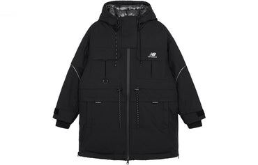 New Balance bir tekis rangli ko'p cho'ntakli o'rta uzunlikdagi issiq qalpoqli past kurtka qishki ayollar qora