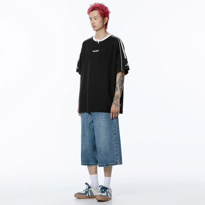 Kollej uslubidagi golfkross rangli to'qnashuv lentasi chiziqli yelkali yengli dumaloq bo'yinli qisqa yengli futbolka bir xil paragrafli erkaklar va ayollar