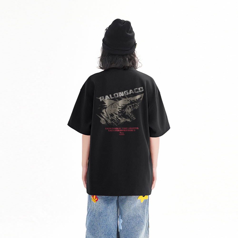 Pal ongaco amerikalik gangster chiroyli shark harflari bosma sayohat universal niche genderless tide bo'sh ekipaj bo'yinli qisqa yengli futbolka erkaklar va ayollar bir xil