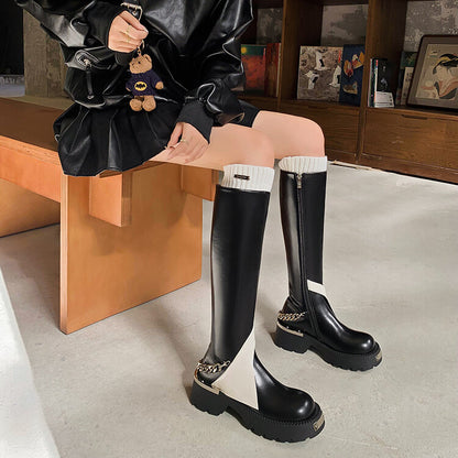 Balletcat воловья кожа цвет блокировки мода casual дизайн толстая подошва высокие сапоги 5 см женские