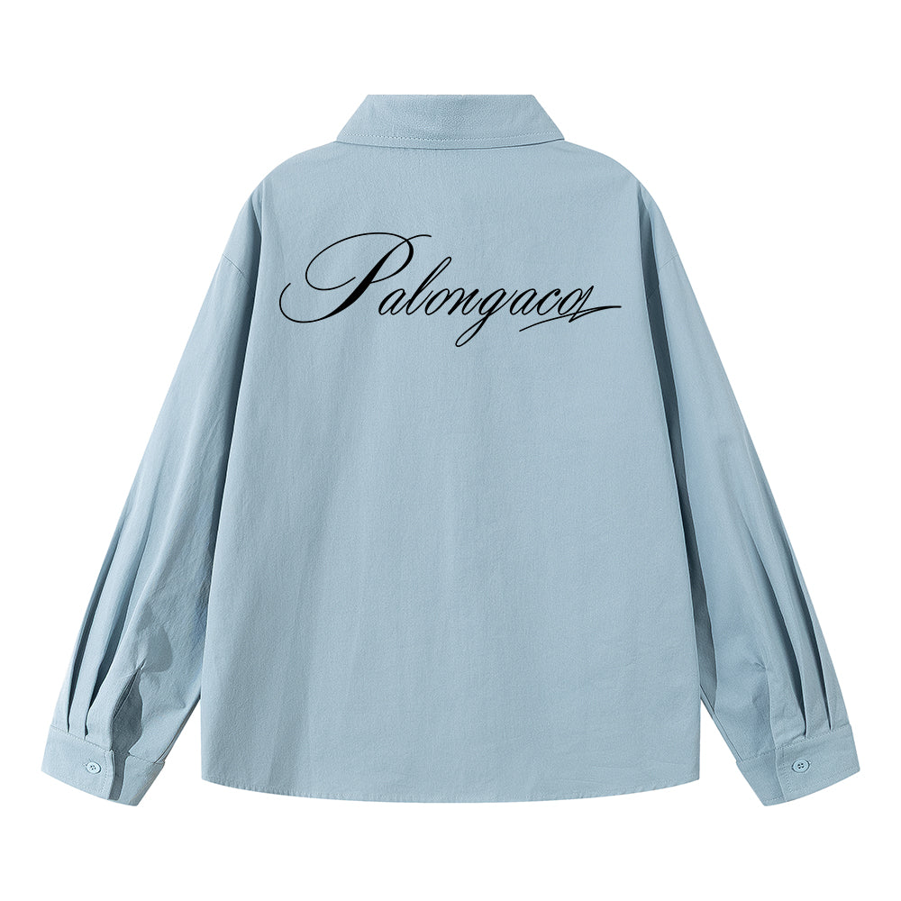 Pal ongaco pal ongaco Amerika retro qo'lyozma harflar logotipi bosma tasodifiy bo'sh uzun yengli ko'ylaklar lapel ko'ylagi bahor va kuz modellari chiroyli ko'p qirrali oddiy paxta ishchi ko'ylagi bir xil modeldagi erkaklar va ayollar