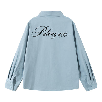 Pal ongaco pal ongaco Amerika retro qo'lyozma harflar logotipi bosma tasodifiy bo'sh uzun yengli ko'ylaklar lapel ko'ylagi bahor va kuz modellari chiroyli ko'p qirrali oddiy paxta ishchi ko'ylagi bir xil modeldagi erkaklar va ayollar