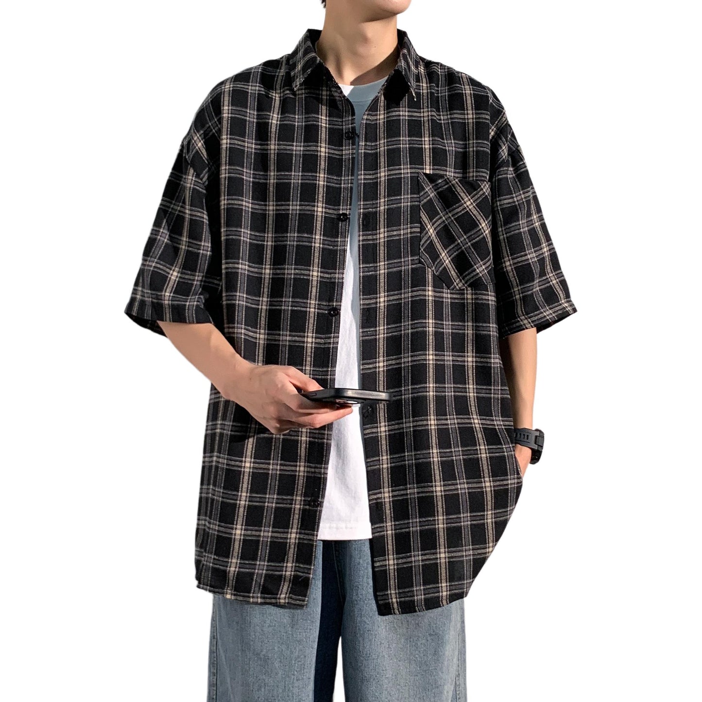 Hvga Amerika retro asosiy modellari plashli birlashma to'qnashuv rangli yarim yengli ko'ylak ko'ylagi ter singdirish nafas oladigan yupqa bo'sh katta o'lchamli talabalar partiyasi qisqa qisma ko'ylak erkaklar va ayollar modellari