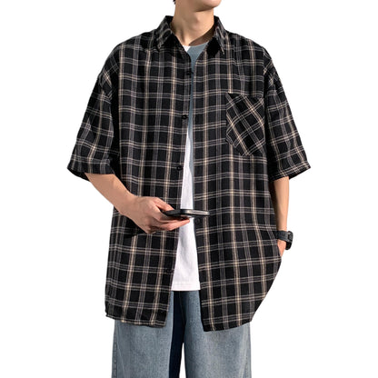 Hvga Amerika retro asosiy modellari plashli birlashma to'qnashuv rangli yarim yengli ko'ylak ko'ylagi ter singdirish nafas oladigan yupqa bo'sh katta o'lchamli talabalar partiyasi qisqa qisma ko'ylak erkaklar va ayollar modellari